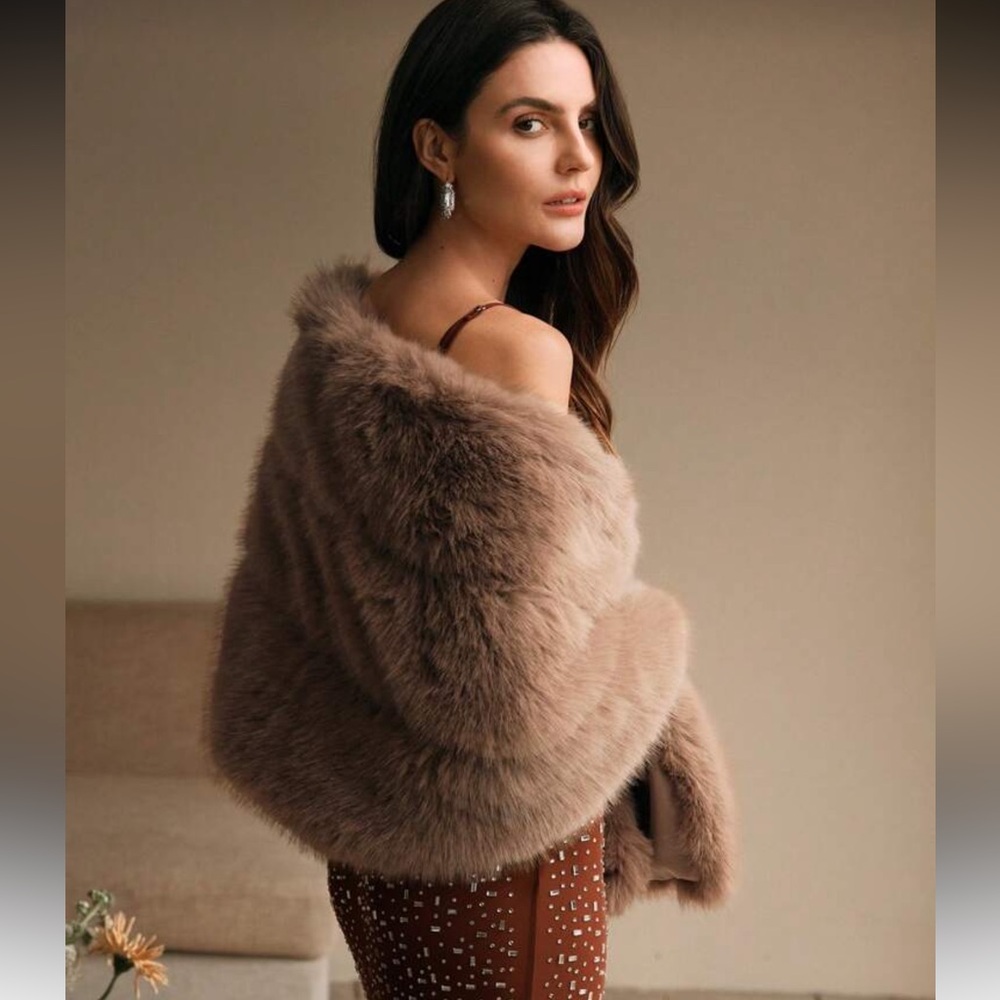 LAST 1 🔥 Vintage Glam style Faux Fur Stole Evening Shawl Wrap Camel Brown - Picture 2 of 9
